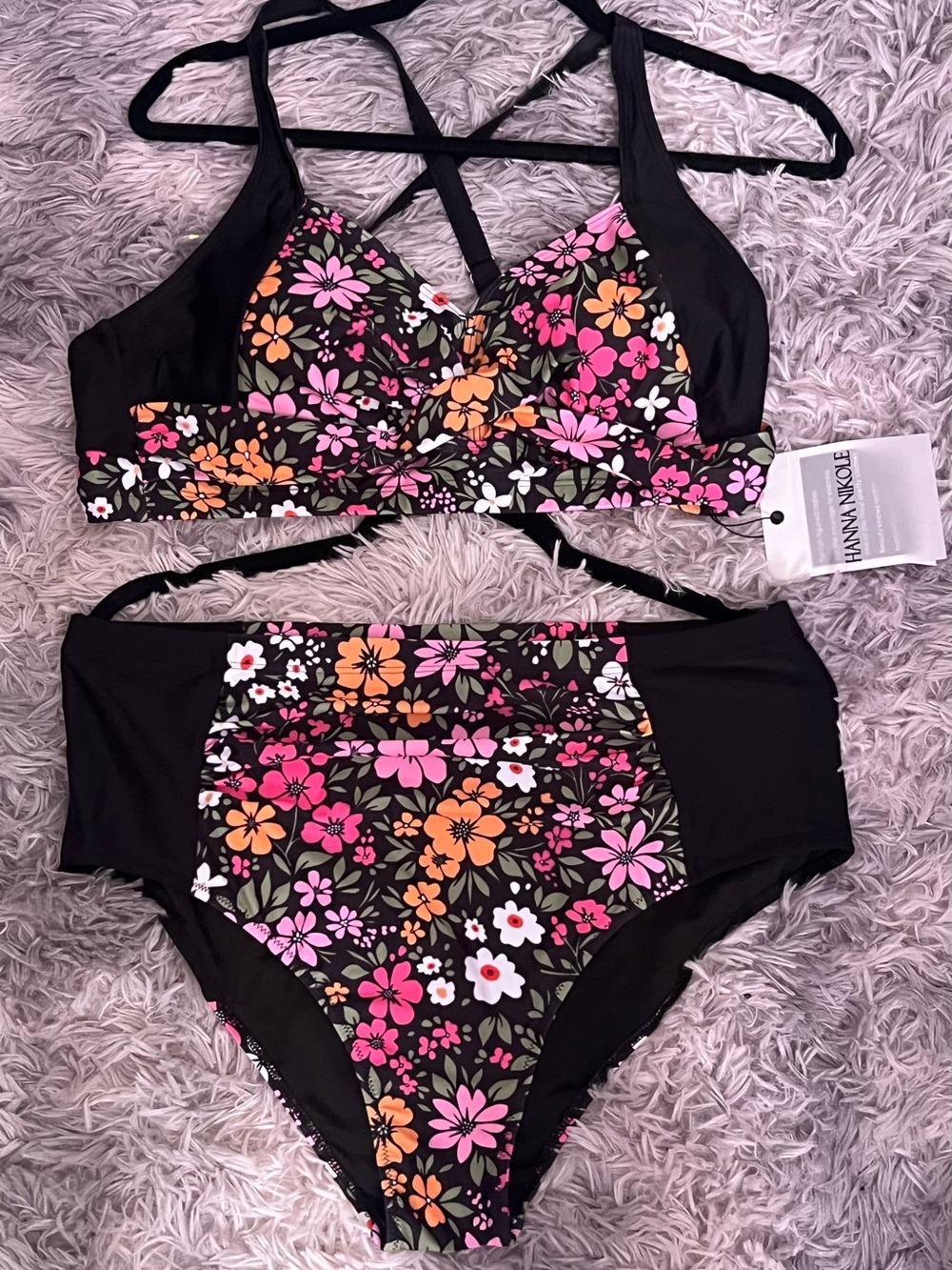 Floral High-Waist Bikini Set - Pink & Orange Flowers on Black - Picture 2 of 4